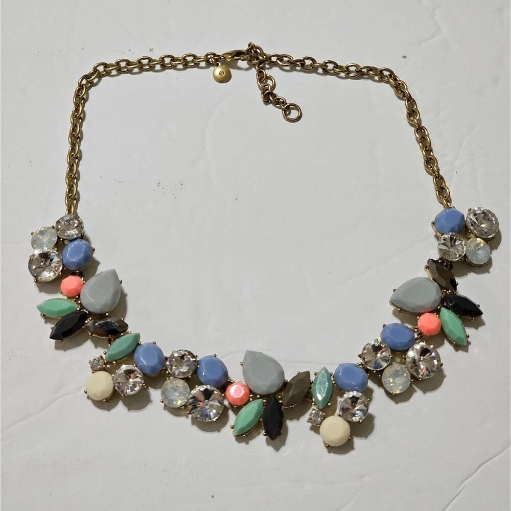 J. Crew Multi Color Resin Stone Brulee Crystal Gold Tone Bib Statement Necklace